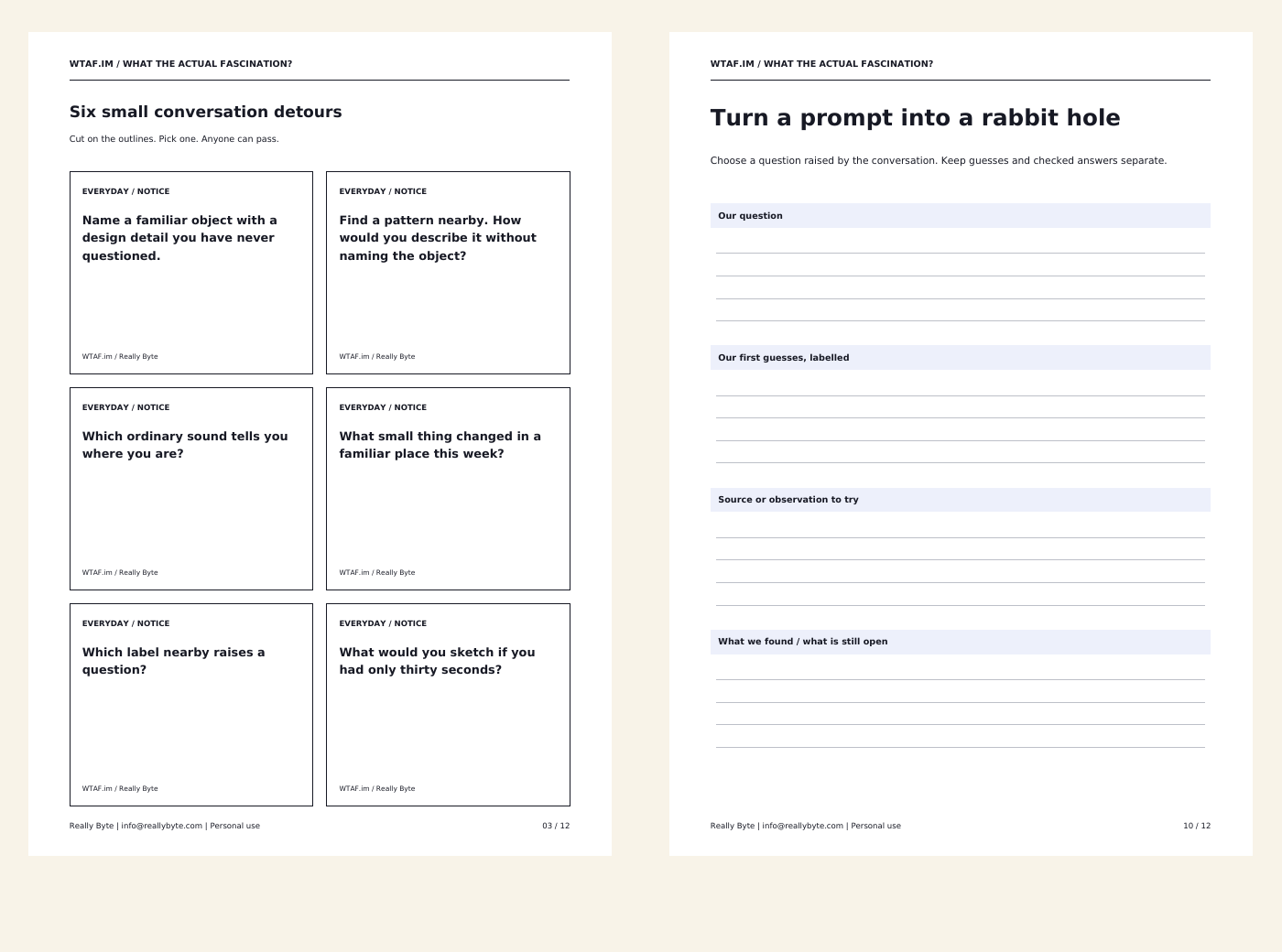 Two sample worksheet pages from Curiosity Conversation Cards